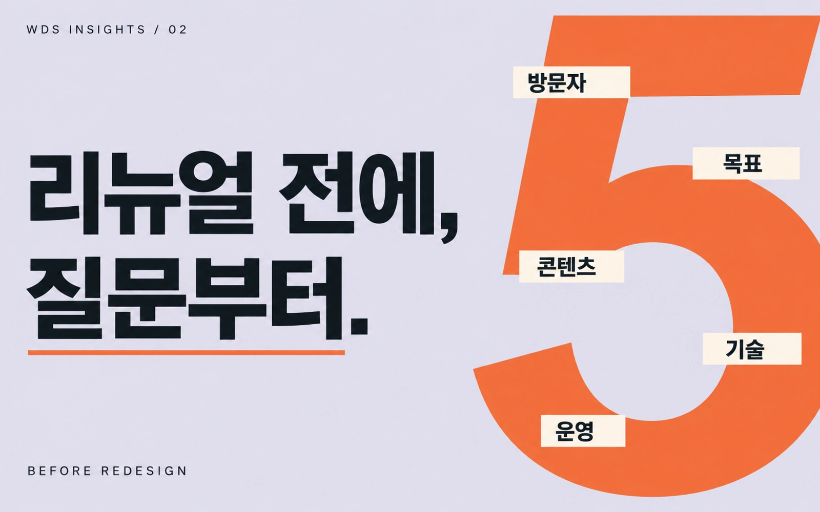 리뉴얼 전에, 질문부터. — 큰 숫자 5와 방문자·목표·콘텐츠·기술·운영을 함께 배치한 타이포 표지